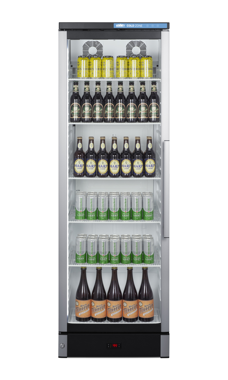 Commercial glass door beverage center with lock and left hand door swing
